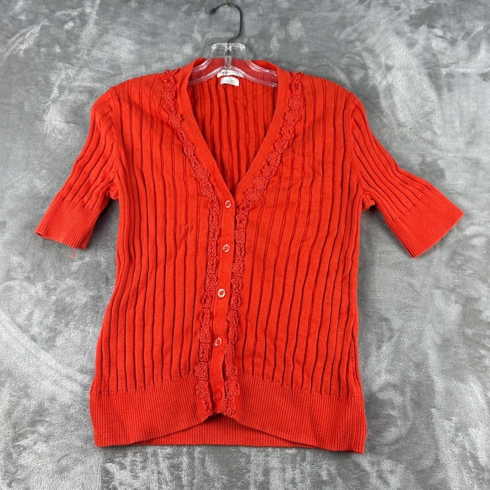 Van Heusen Studio Cardigan Womens M Ribbed Orange Lace Trim Button-Down EUC
